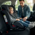 Pai ou mãe certificando-se de que a criança está segura na cadeirinha do carro, com cinto de segurança ajustado.