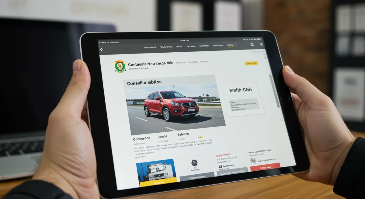 Tela de tablet exibindo portal de serviços online do Detran para consulta de débitos e serviços veiculares.