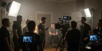 Film crew actively shooting a 15-minute short drama on a modern set in 2025.