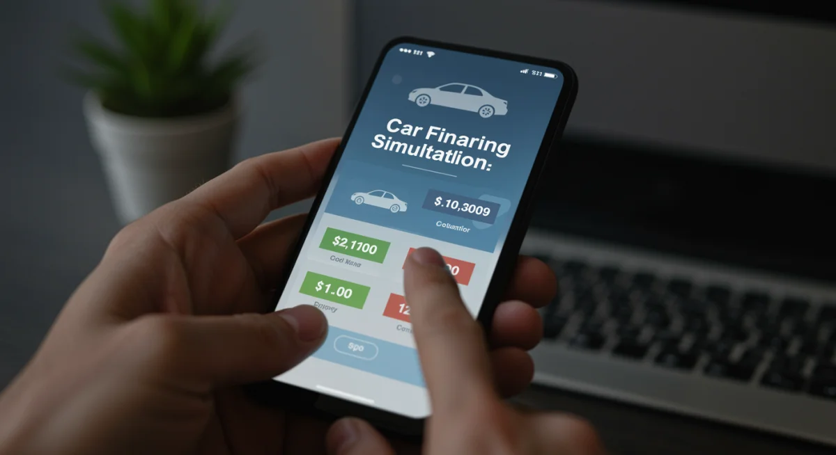 Tela de smartphone com aplicativo de simulação de financiamento de carro.
