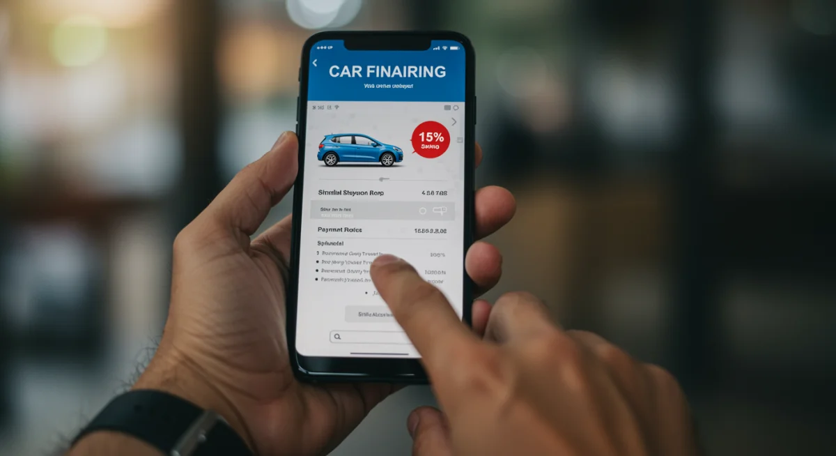 Aplicativo de financiamento de carro no celular, exibindo simulação de empréstimo e economia de até 15%.