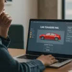 Pessoa simulando financiamento de veículo com score baixo em um notebook, buscando soluções para aprovação.