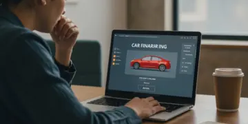 Pessoa simulando financiamento de veículo com score baixo em um notebook, buscando soluções para aprovação.