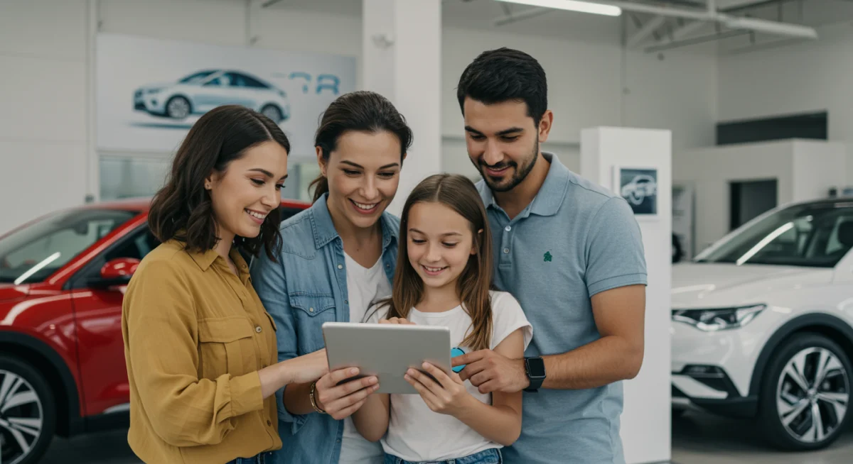 Pessoas diversas simulando opções de financiamento de carros elétricos em um tablet, em um ambiente moderno, representando o planejamento financeiro e a acessibilidade.