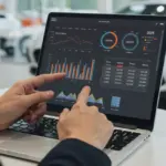 Pessoa simulando financiamento de veículo em tablet com diferentes opções de entrada para 2025.