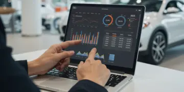 Pessoa simulando financiamento de veículo em tablet com diferentes opções de entrada para 2025.