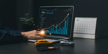 Pessoa simulando financiamento de veículo em laptop, com gráficos financeiros e um carro em miniatura, projetando o impacto da taxa Selic em 2025.