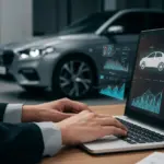 Pessoa utilizando um simulador de financiamento de veículos em um notebook, com gráficos e um carro ao fundo, simbolizando planejamento financeiro inteligente.