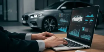 Pessoa utilizando um simulador de financiamento de veículos em um notebook, com gráficos e um carro ao fundo, simbolizando planejamento financeiro inteligente.