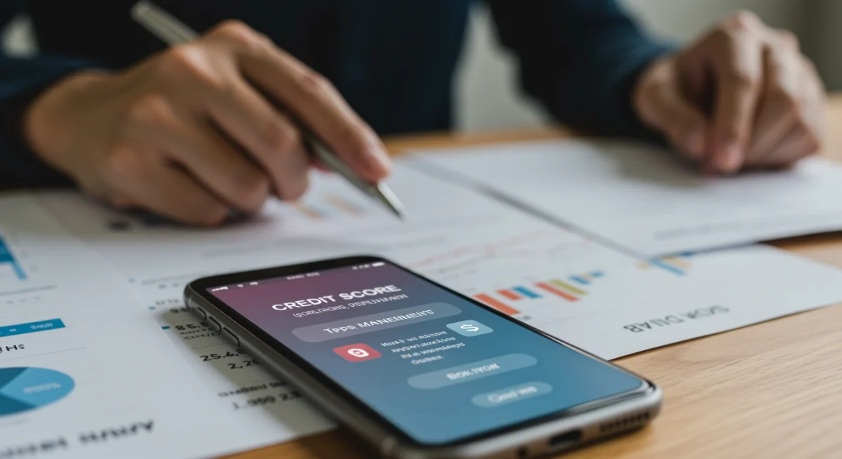 Tela de smartphone exibindo score de crédito alto e dicas de manutenção
