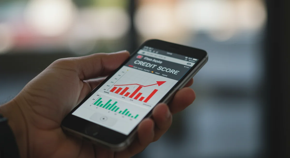 Mão segurando smartphone com gráfico de score de crédito baixo.