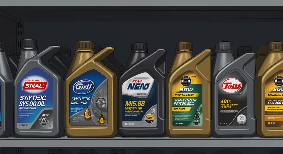 Ilustração de diferentes tipos de óleo de motor: sintético, semissintético e mineral.