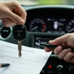Mãos trocando chaves de carro e documentos de transferência em uma transação automotiva.