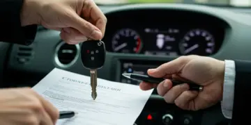 Mãos trocando chaves de carro e documentos de transferência em uma transação automotiva.