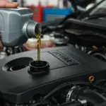 Mecânico realizando a troca de óleo em um motor de carro, com foco no óleo novo sendo adicionado.