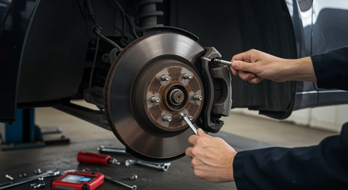 Sistema de freios de um carro sendo inspecionado por um mecânico, com foco nos discos e pastilhas para garantir a eficácia da frenagem.