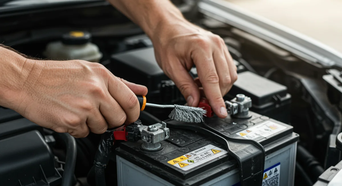 Pessoa verificando os terminais da bateria do carro, garantindo limpeza e boa conexão.