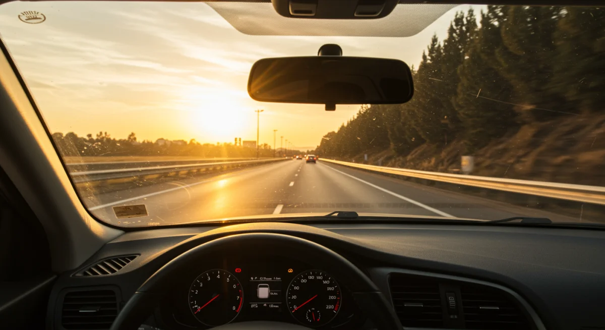 Visão do motorista do interior do carro, com velocímetro e estrada à frente, representando direção eficiente.