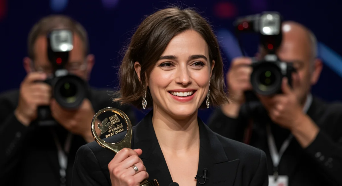 Actress accepting award for short drama, celebrating her achievement.