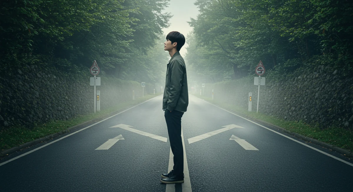 K-drama character at a crossroads, symbolizing an ambiguous ending with uncertain paths.