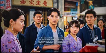 Asian drama screen with English subtitles, showing diverse characters and a vibrant scene.
