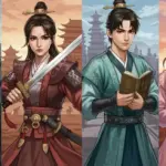 Four prominent C-drama character archetypes with distinct costumes and expressions against a blended ancient and modern Chinese backdrop.