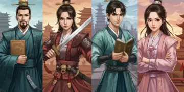 Four prominent C-drama character archetypes with distinct costumes and expressions against a blended ancient and modern Chinese backdrop.