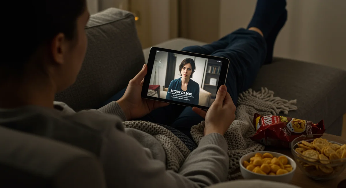 Person comfortably watching a short drama on a tablet