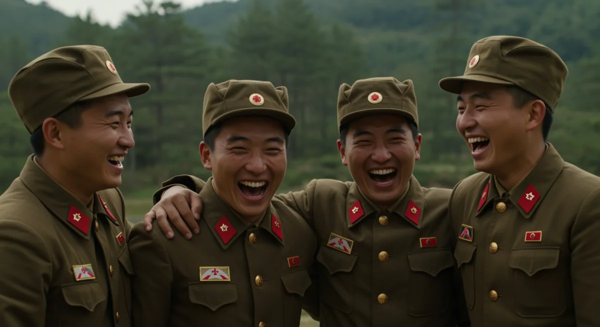 The North Korean F5 soldiers sharing a joyful moment, showcasing their strong bond and comedic elements.