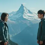 Yoon Se-ri and Ri Jeong-hyeok on a Swiss mountain peak, symbolizing their romantic journey in Crash Landing on You.