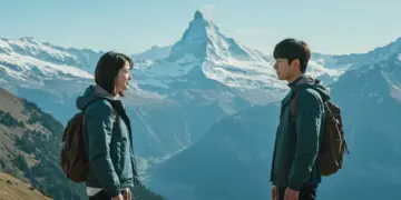 Yoon Se-ri and Ri Jeong-hyeok on a Swiss mountain peak, symbolizing their romantic journey in Crash Landing on You.