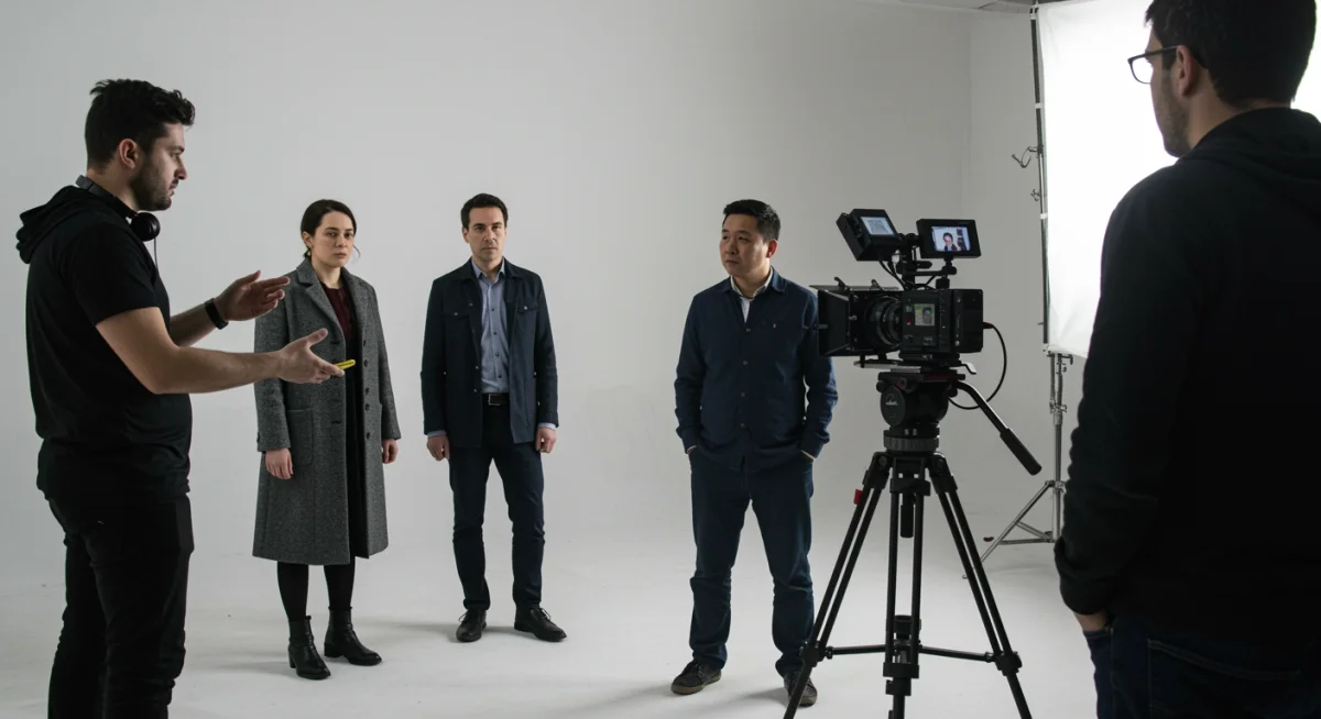 Director guiding actors on set for a short drama production