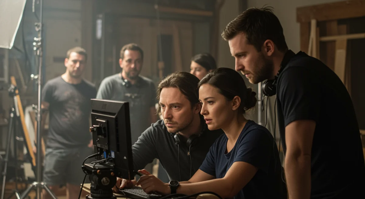 Director and cast member reviewing a short drama scene on set