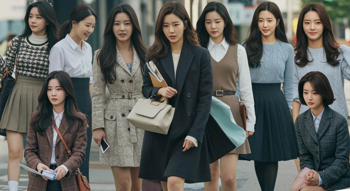 Collage of diverse K-drama leading ladies' fashion, from casual to high-end styles.