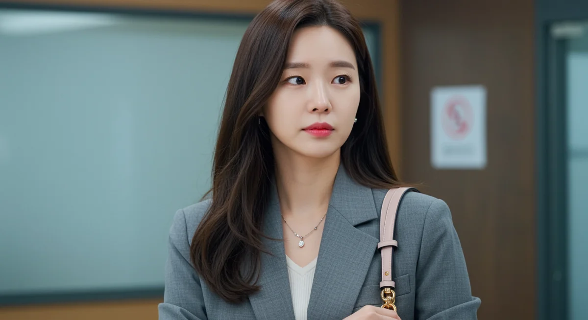 K-drama actress in elegant business attire, demonstrating sophisticated on-screen fashion.