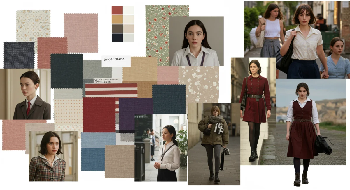 Mood board blending short drama character outfits with 2025 fashion trends, showcasing fabric swatches and color palettes.