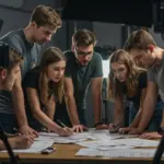 Filmmakers collaborating on a short drama script, symbolizing rapid production