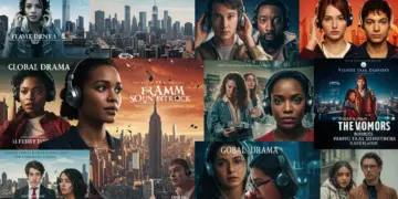 Dynamic collage of global drama OST album covers impacting US music sales.
