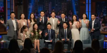 Global drama stars on a vibrant US talk show set, engaging with the host and audience.