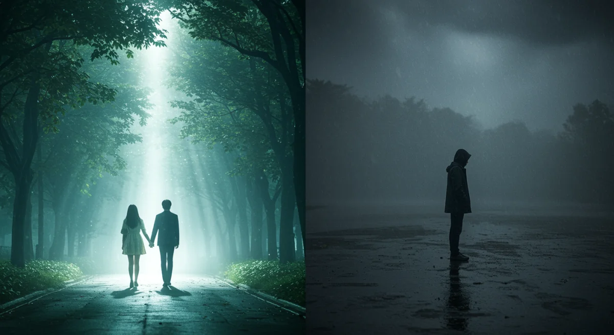 Contrast between a happy K-drama ending with a couple and a sad ending with a solitary figure.