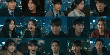Diverse K-drama characters reacting to different ending tropes: happy, sad, and ambiguous, with Seoul skyline.