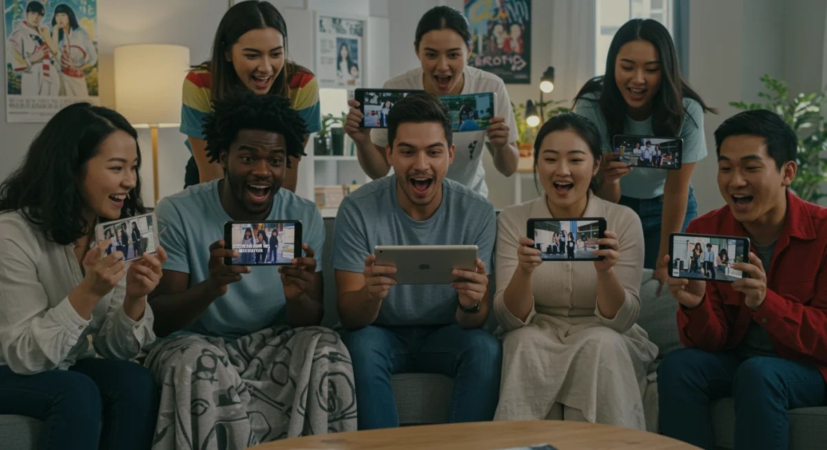 Young American fans engaging in lively discussion about K-dramas, reflecting community and cultural exchange.