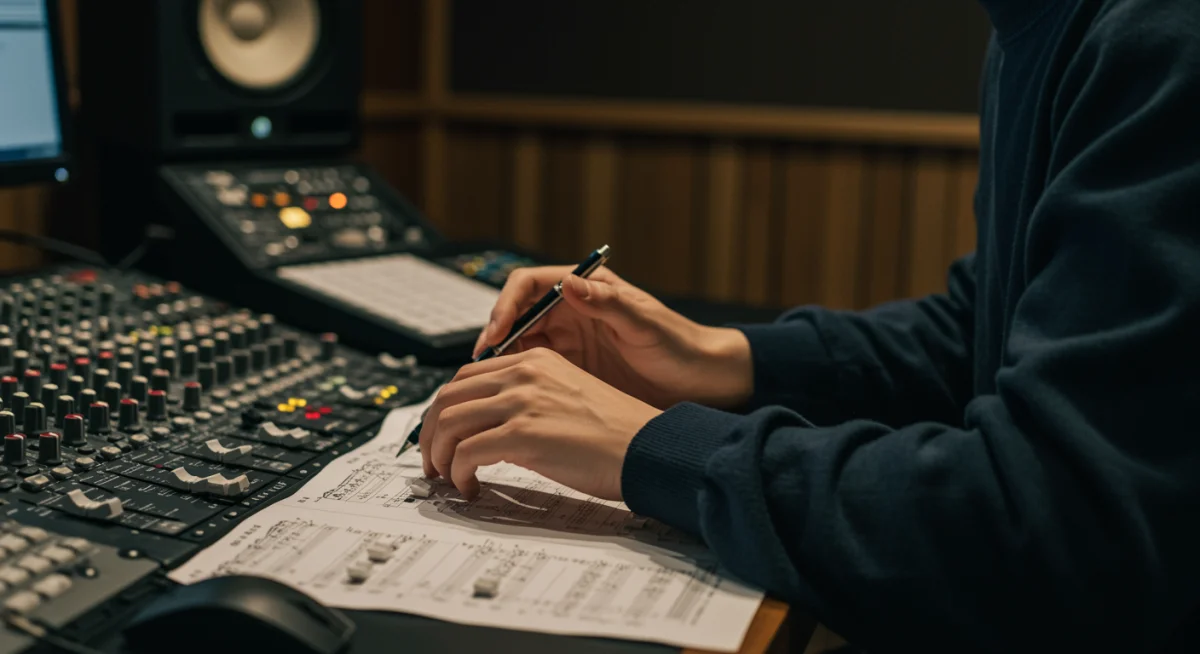 Music producer mixing sound in a studio for a K-Drama OST.