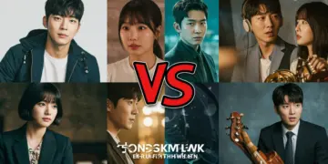 Dynamic collage of three popular K-Dramas with musical motifs, representing an OST showdown.