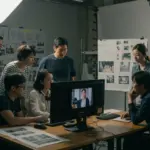 Filmmakers reviewing K-drama footage in a Los Angeles studio