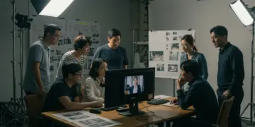 Filmmakers reviewing K-drama footage in a Los Angeles studio
