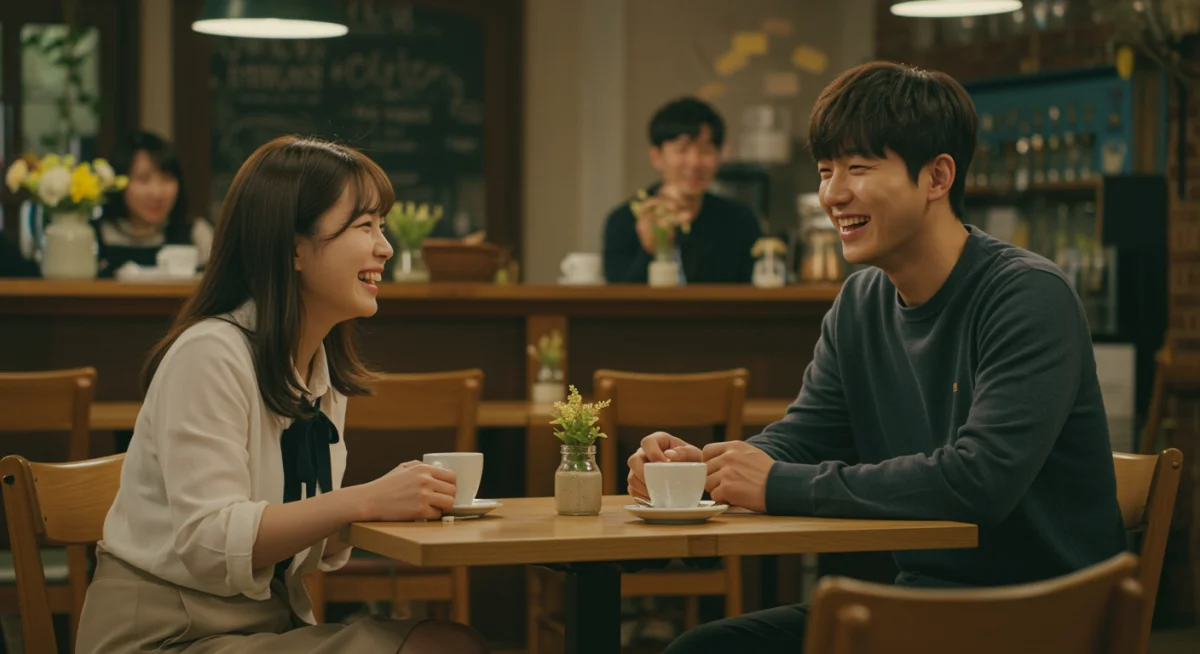 Romantic and heartwarming K-drama moment in a cozy cafe, emphasizing genuine connection.
