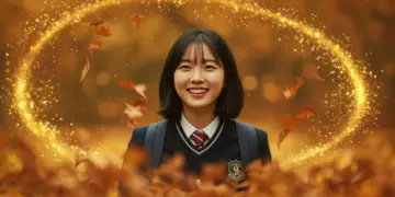 Kim Go-eun as Ji Eun-tak in Goblin, smiling in school uniform with autumn leaves