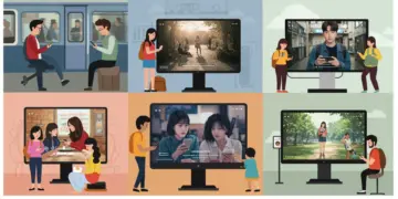 People watching short-form dramas on phones in diverse urban settings