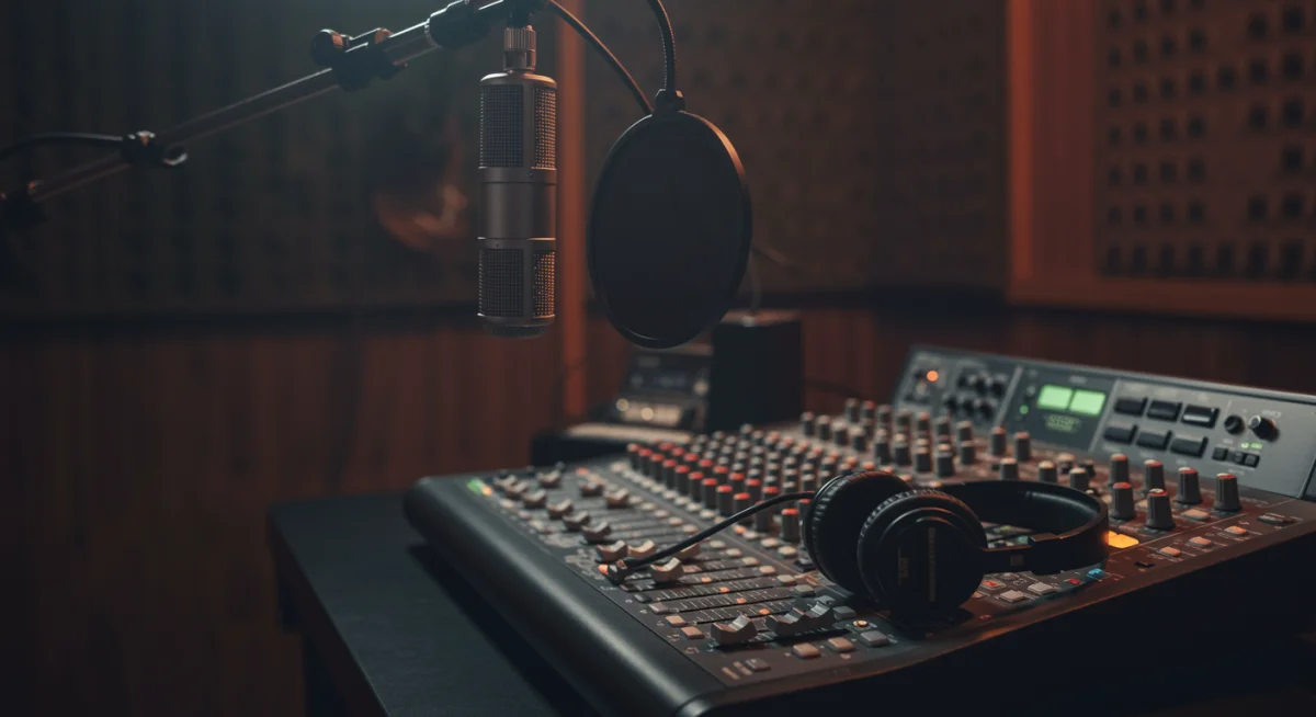 Music studio setup with microphone, headphones, and mixing board, symbolizing OST production.